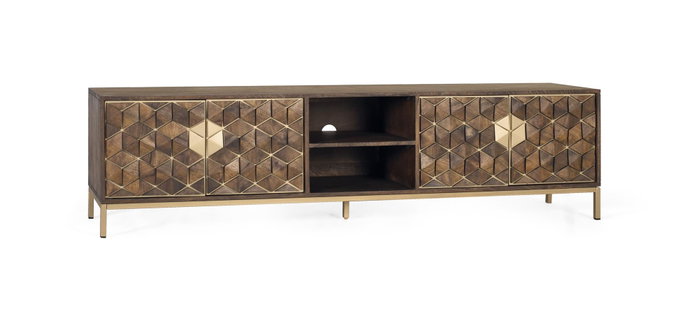 GINER Y COLOMER - Meuble TV 4 portes en bois de manguier avec structure métal, finition noyer et doré, 190x50x40 cm